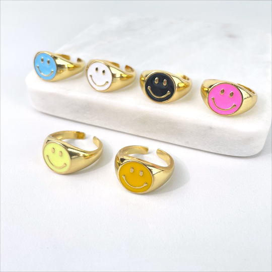 18K Gold Filled Colorful Enamel Cutie Face, Funny Happy Face Adjustable Rings Wholesale Jewelry Making Supplies