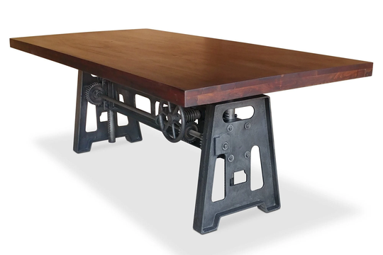 Industrial Dining Table - Cast Iron Base Adjustable Height Crank Mahogany