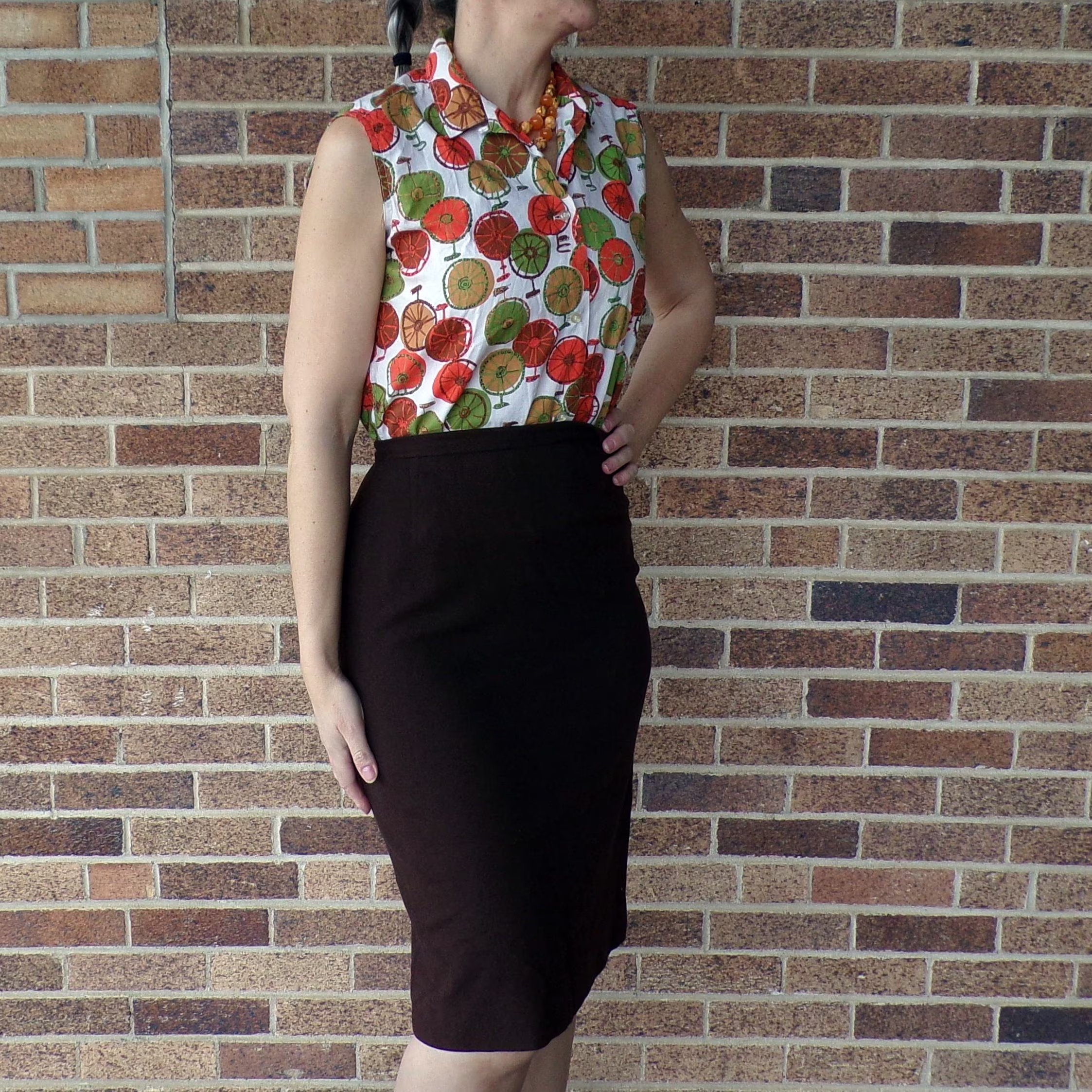 Brown Pencil Skirt 1950's High Waist Sportempos Wool 50's S | D5
