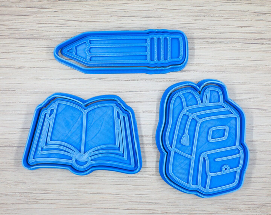 Back To School Cookie Cutter Set & Stamps . Book Pencil Backpack 3 Pieces Set Fondant Polymer Clay Play Doh Compatible Sturdy Walls
