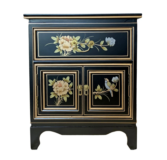 Black Lacquer Oriental End Table With Hand Painted Floral Design