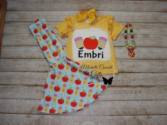 Girls Back To School Outfit, Pencils & Apples 2T, 3T, 4T, 5, 6, 7, 8, 9, Rts, Flair Pants For School, Bleach Look