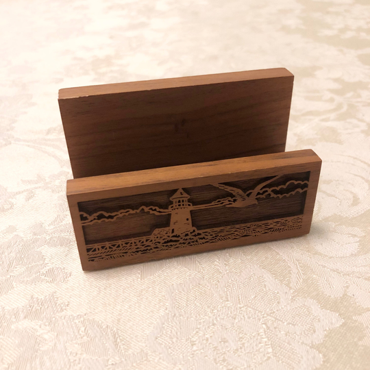 Carved Wooden Card Holder With Light House Detail Vintage Rustic Business Office Storage Decor Genuine American Walnut