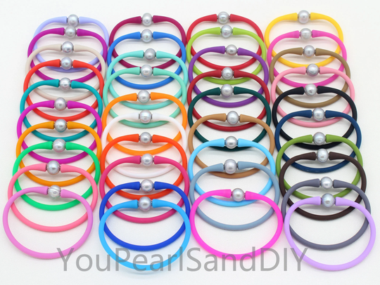 50Pcs - Wholesale 39 Colors Silicone Rubber Stretch Bracelet&4 Pearl, Bracelet, Bridal Jewelry, Gift For Girl/Friend-W013
