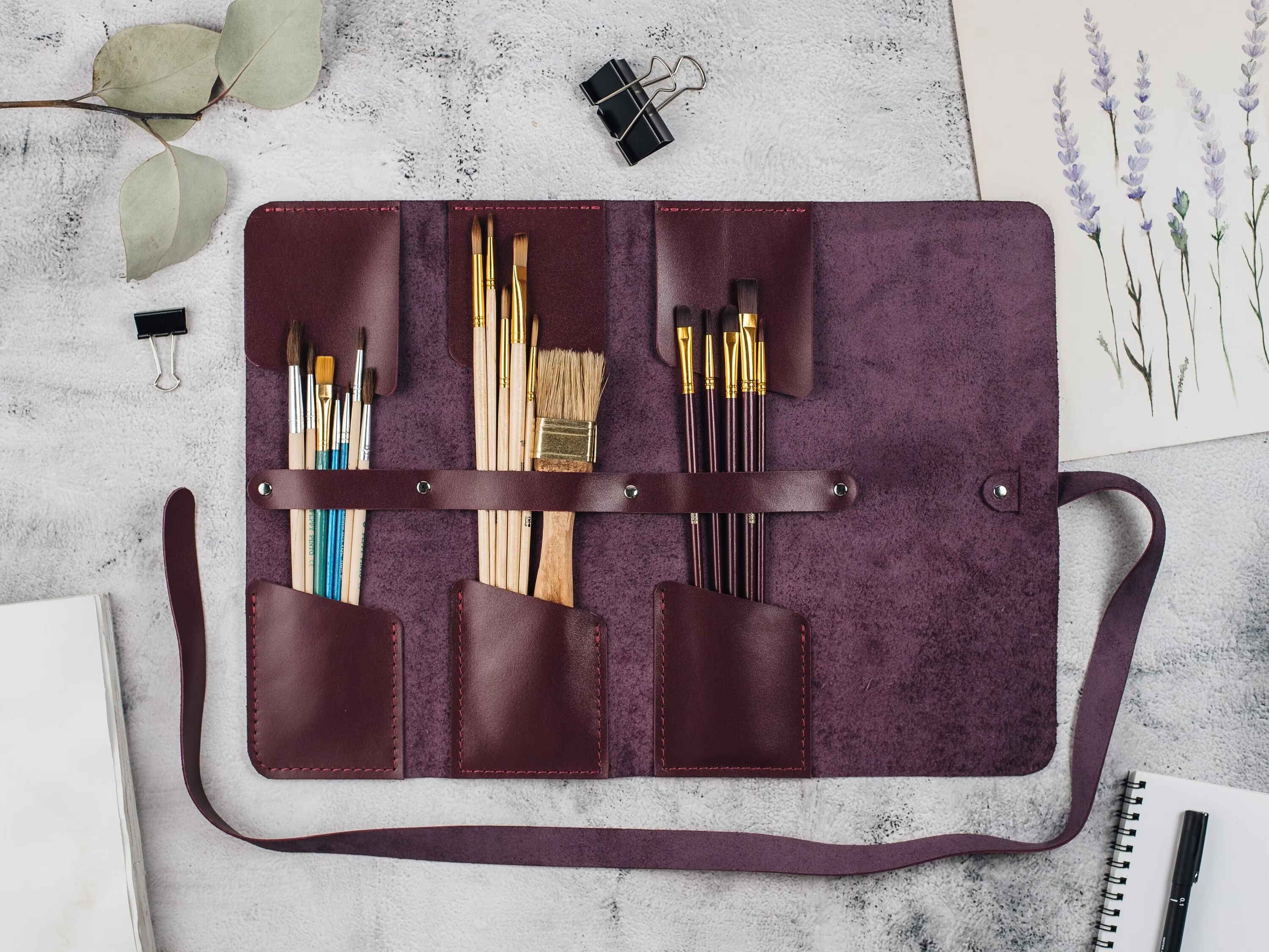 Leather Pencil Roll, Paint Brush Case, Custom Artist Organizer, Personalized Gift For Painter, Burgundy Craft Tools Pen Wrap Pouch