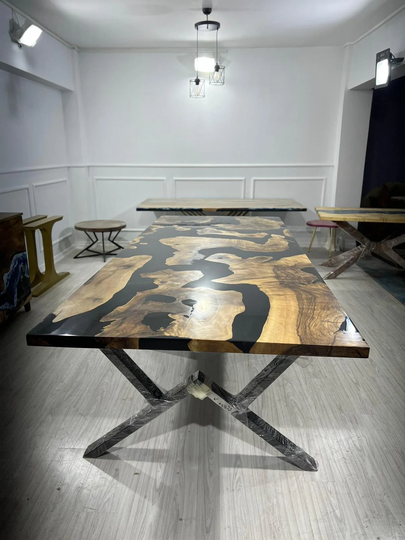 Walnut Dining Table, Epoxy Resin Custom 115" X 48" Black River Table Order For Hope