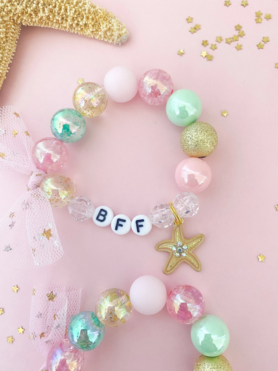 Kids Starfish Shell Beach Summer Charm Bracelet, Toddler Bracelet, Personalized, Custom Name, Children's, Pink, Tulle