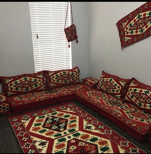 Red White Sofa, Living Room Majlis Etnic Floor Cushion, L Shape Big Majles India Decor, Arabic Style, Turkish Floorcushion