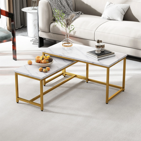 Nesting Coffee Tables Set, 2pc Coffee Table Living Room, Marble White