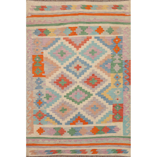 Multi-Color Kilim Area Rug Hand-woven Reversible Wool Carpet - 4'11" x 6'4"