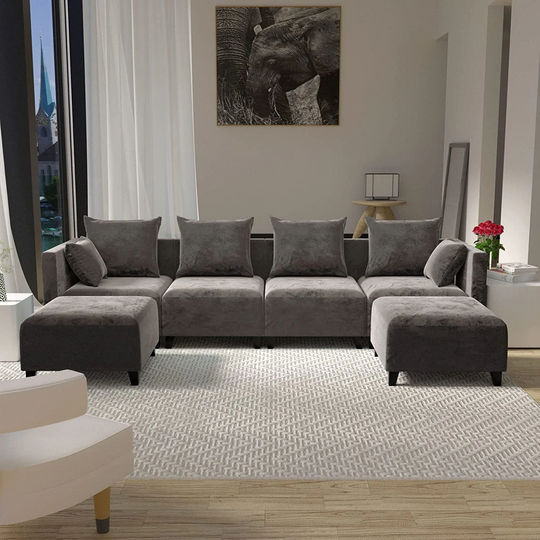 U Shape 6-Seater Modular Sectional Sofa, Modern Upholstered Velvet Living Room Sofa with Reversible Ottoman Chaise & Pillows