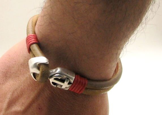 Christmas Gift For Boyfriend, Men's Leather Bracelet Natural Multi Strap With Silver Plated Anchor Clasp