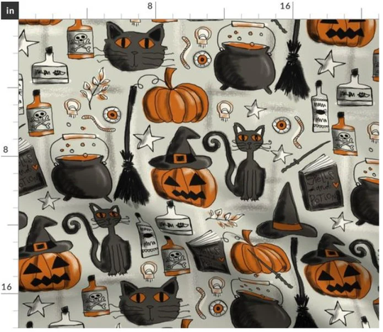 Vintage Halloween Fabric By The Yard | Black Cats Pumpkins Jack O Lanterns Witches Broomstick Cauldron October Custom