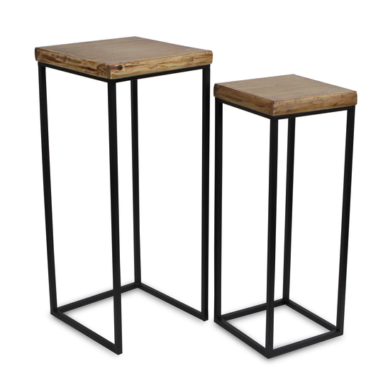 Brown Wood Square Top Side Tables with Metal Base (Set of 2)