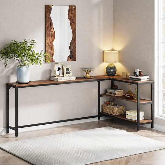 Reversible Extra Long L Shaped Console Sofa Table 3-Tier Open Shelves - 82.67 x 43.3
