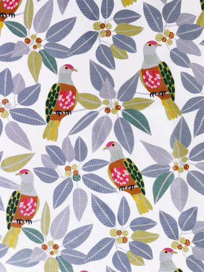 Rose-Crowned Fruit Dove & Gumnut Leaves Botanical Quilting Cotton Fabric By 1/4, 1/2 Yard Or Fat Quarter, Australian Bird
