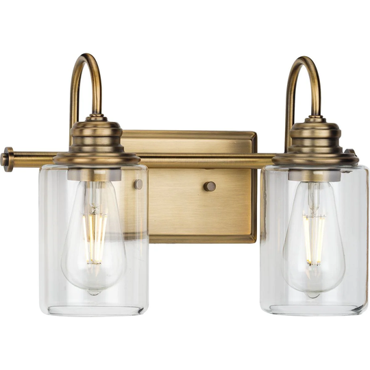 Aiken Collection Two-Light Vintage Style Brass Clear Glass Farmhouse Style Bath Vanity Wall Light - 14.625 in x 7 in x 9.875 in