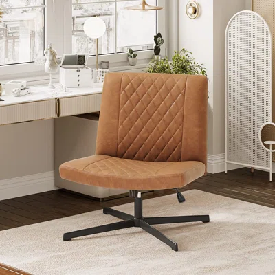 Leather Office Chair Armless Desk Chair No Wheels, Brown Modern Home Office Desk Chair Wide Seat Swivel Task Chair Mid Back, Capacity 400lbs