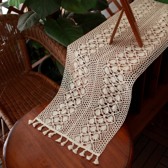 Handmade Cotton Crochet Table Runner With Tassels | Retro Macrame Runners For Wedding Festival Event Decoration