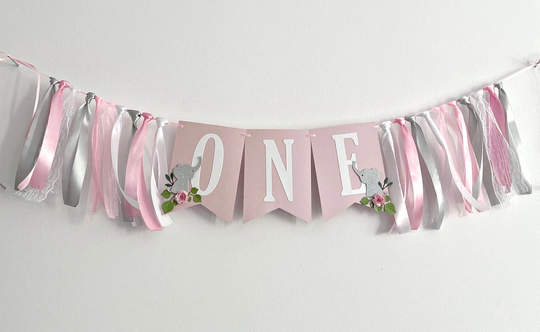 Elephant Floral High Chair Banner - Girly Pink & Gray First Birthday Decorations One Girl 1st