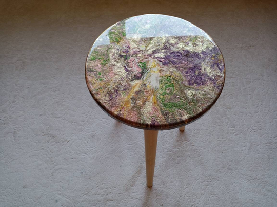 Round Small Resin Side Boho Coffee Table, Modern Wooden Wood Epoxy Bedside End Live Edge Table, Abstract Art Unique Sofa Acrylic Cool Table