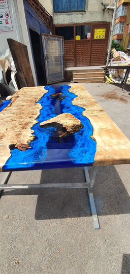 Blue Epoxy Table, Poplar Custom 60" X 36" Wood Blue, Turquoise River Coffee Order For Kelly