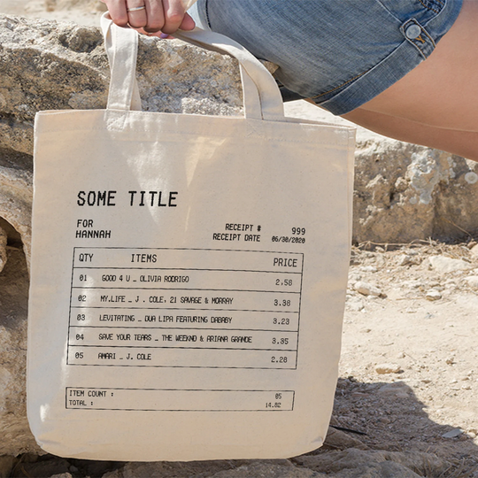 Custom Song Receipt Tote Bag, Customizable Playlist Personalized Canvas Love Art Bag