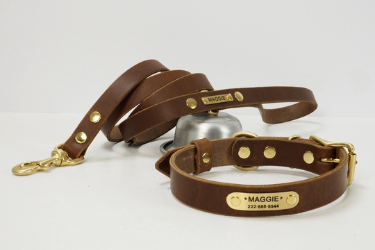 Dog Collar, Oiled Leather Collar Leather, & Leash, Personalized, Handmade
