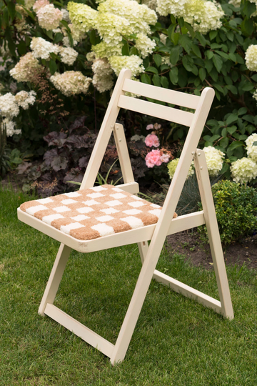 Upcycled Vintage Mid Century Folding Wood Chair With Checkered Tufted Seating