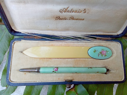 sterling Silver & French Celluloid Plastic Bookmark & Mechanical Pencil - All Original Enamel Boxed Desk Set Excellent Condition