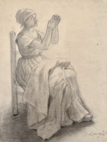 1910S French Master Georges Laugée | 1853 - 1937 Pencil On Paper. Peasant Sewing. Naturalism Movement