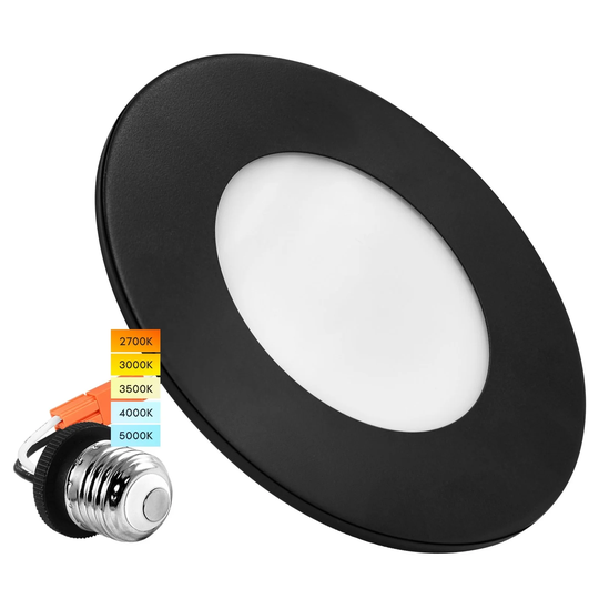 Luxrite 4" LED Recessed Light, 5 Color Selectable, Magnetic Trim, Dimmable, 500 LM, Wet Rated - Black