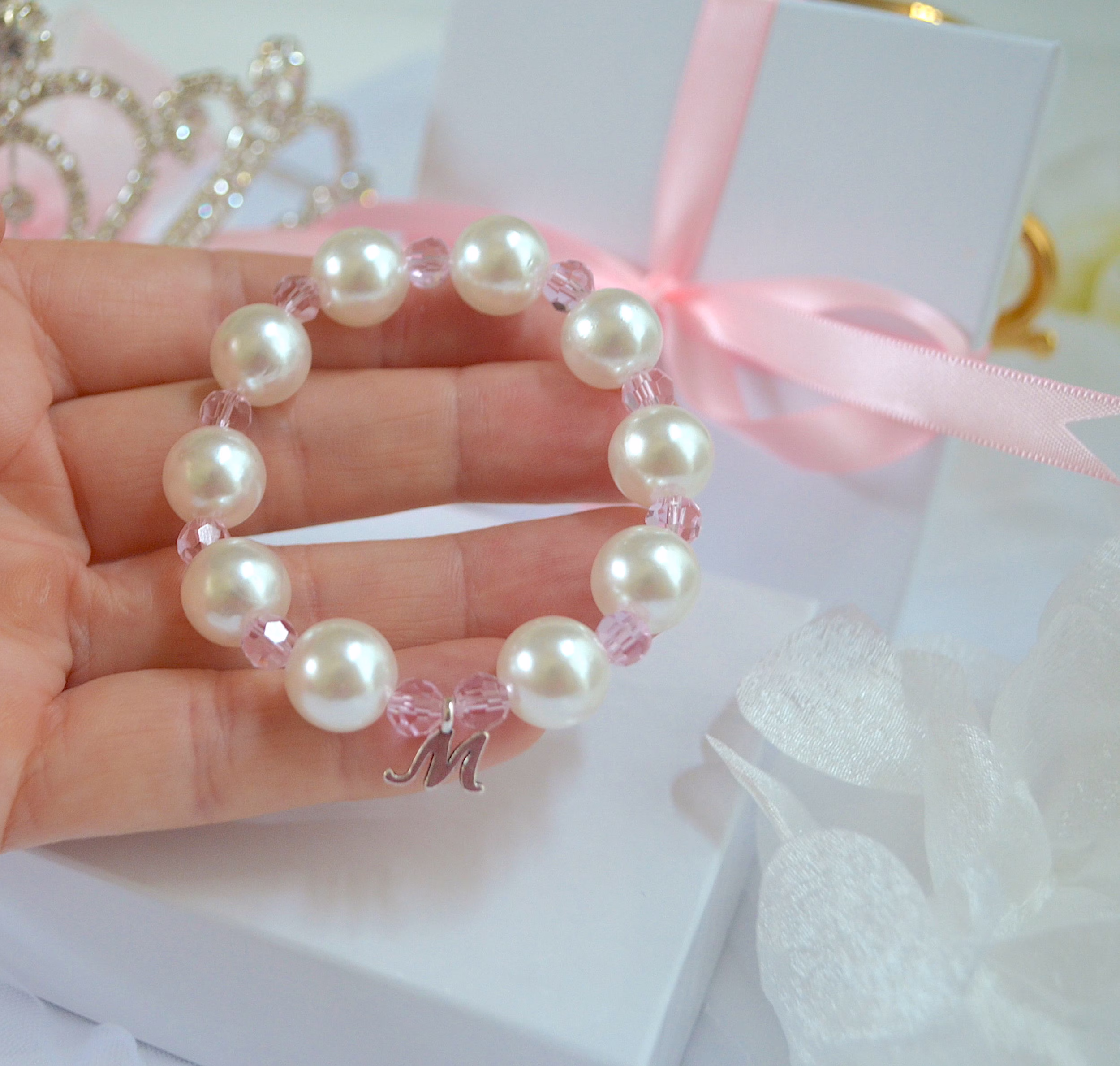 Flower Girl Bracelet Toddler, Personalized Pearl Bracelet, Sparkly Crystal Pink Bridesmaid