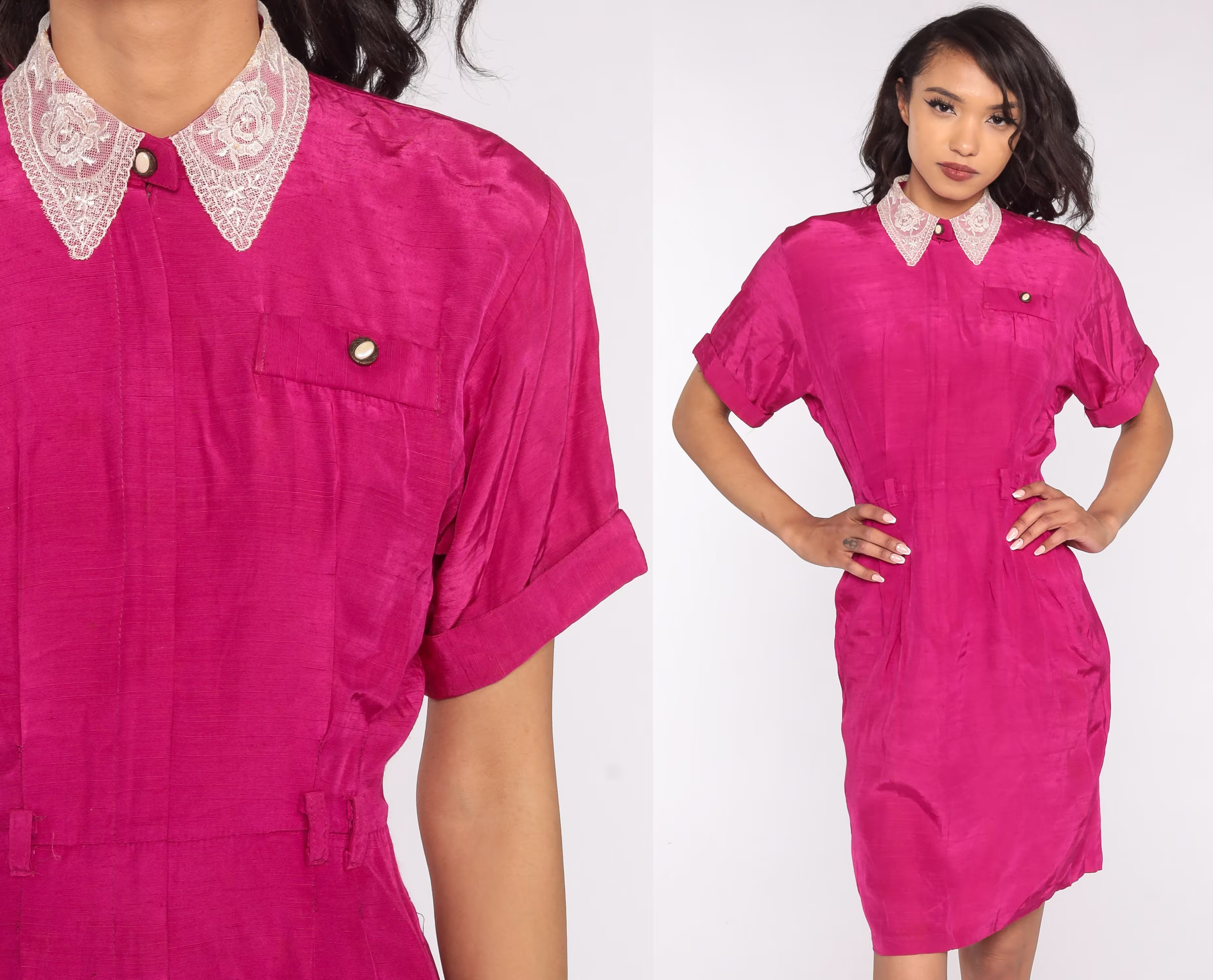 80S Mini Dress Lace Peter Pan Collar Deep Pink Bohemian High Waisted 1980S Boho Vintage Wiggle Pencil Minidress Small S