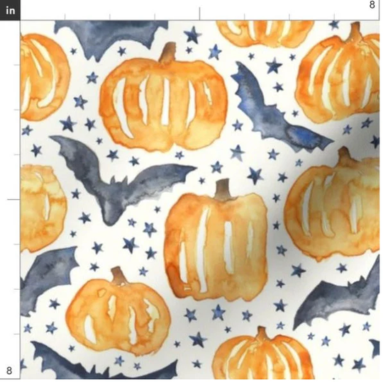 Halloween Night Fabric By The Yard | Black Bats Pumpkins Watercolor Custom