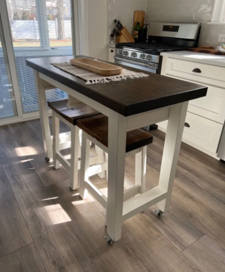 Custom Bar Table & Stools, Console With Stow Away Stool Storage, Kitchen Island, Casters, Set
