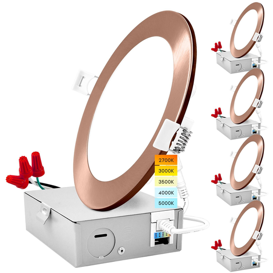 Luxrite 6" Ultra Thin LED Recessed Light with J-Box 12W 5 Color Options Dimmable 1000 Lumens Copper Trim (4 Pack)
