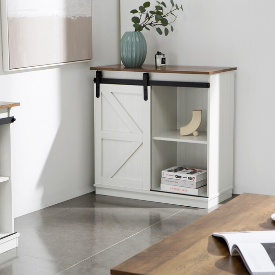 Furmax End Table Sliding Barn Door Farmhouse, Storage Cabinet Table Living Room with Adjustable Shelves