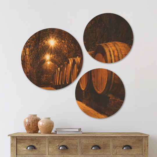 Designart 'Oak Barrels in the Tunnel' Landscape Wood Wall Art Set of 3 Circles - Multi-Color