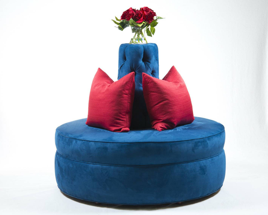 Round Ottoman Royal Blue Passion Suade Tufted Cone Circle Round Settee Sofa Banquette Hair Salon Spa Clothing Store