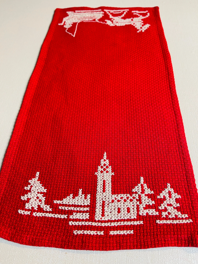 Swedish Hand-Embroidered Table Runner On Red Bottom, For Christmas/Embroidery in White
