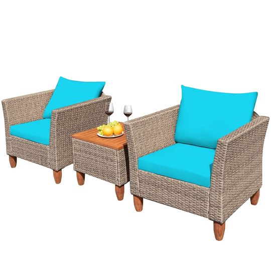 3 Pcs Outdoor Patio Rattan Furniture Set Wooden Table Top Cushioned Sofa - 29" x 27" x 28"(L x W x H)