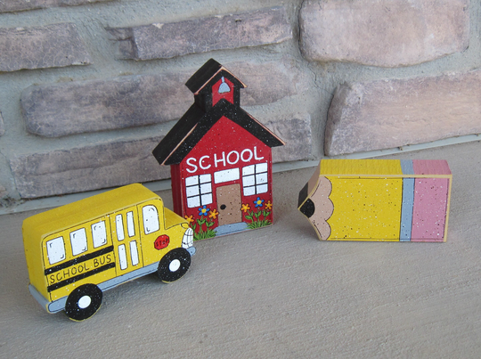 3 School Themed Shelf Sitter Block Set With School House, Bus, & Pencil For Shelf, Desk, Office Home Decor