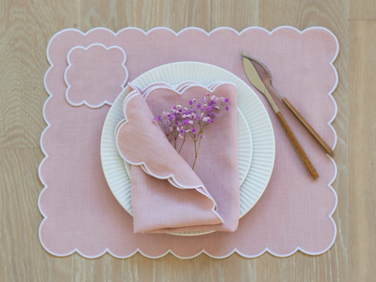 Blush Pink Linen Table Mats With Scallop Edges in White For Decor 13''x18'' Size, Set Of 2