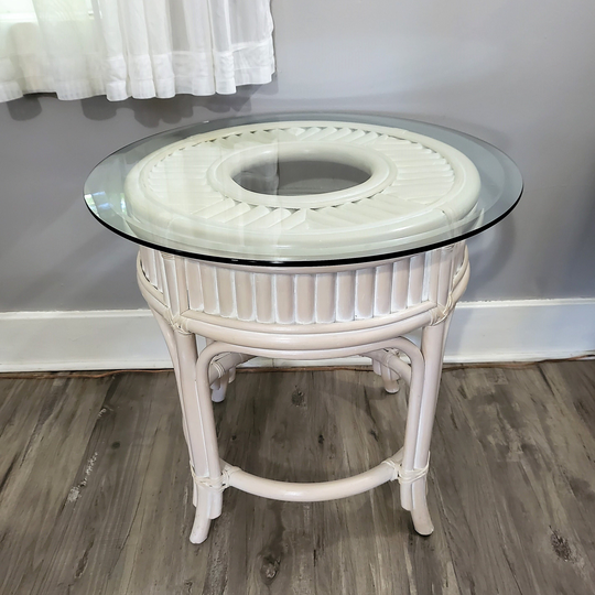 Vintage Rattan End Table W/Round Glass Top-Whitewashed Grandmillennial Decor