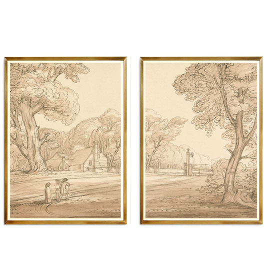 Pencil Sketch Landscape Art Print, Rose Gold Decor, Sepia Landscape Vintage Drawing, Neutral Forest Farm House