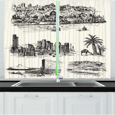 2 Piece Eastern City Pencil Drawn Illustrations of Landmarks Architecture Vintage Style Kitchen Curtains Set