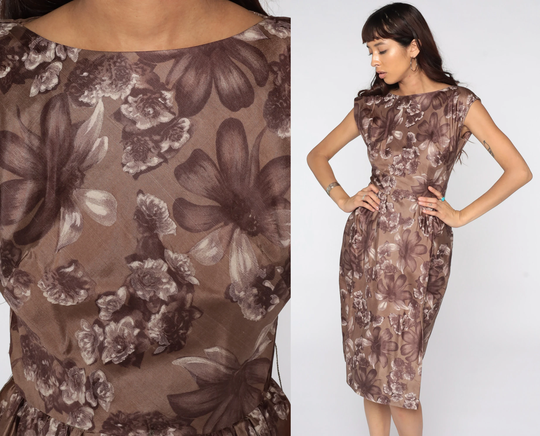 60S Floral Dress Brown Pencil Midi 1960S Wiggle Hourglass Button Back Vintage Cap Sleeve Small 4
