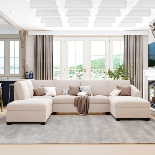Beige U Shape Sectional Sofa Double Extra Wide Chaise Lounge Couch