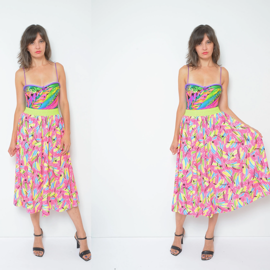 Neon Colors Full Circle Skirt/Vintage 80S High Waist Colorful Summer Midi - Size Medium